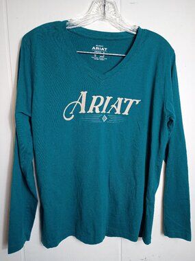 Ariat Teal Long Sleeve V-Neck Logo Shirt Womens Medium Relaxed Fit Graphic Tee